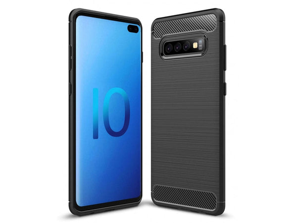 Flexible Handy Schutzhülle mit gebürster Carbon Textur auf der Rückseite für zum Schutz des Samsung Galaxy S10+  Display und Gehäuse Case in schwarz von Screenguard