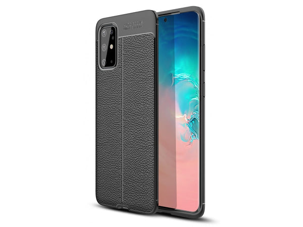 Soft TPU Case mit Design aus feinem veganen Leder für Samsung Galaxy S20+ stabil mit erhöhten Rändern und Kanten in schwarz von Screenguard