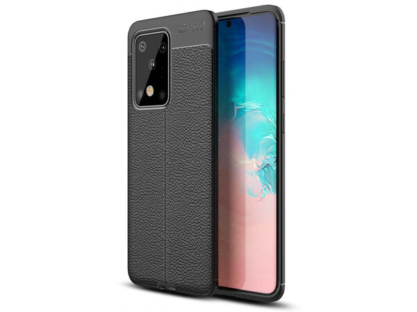 Soft TPU Case mit Design aus feinem veganen Leder für Samsung Galaxy S20 Ultra stabil mit erhöhten Rändern und Kanten in schwarz von Screenguard