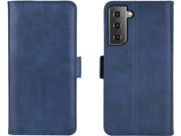 Veganes Flip Case Leder Etui Hülle mit Karten Fächer und Sichtfenster für Samsung Galaxy S21 in dunkelblau von Screenguard