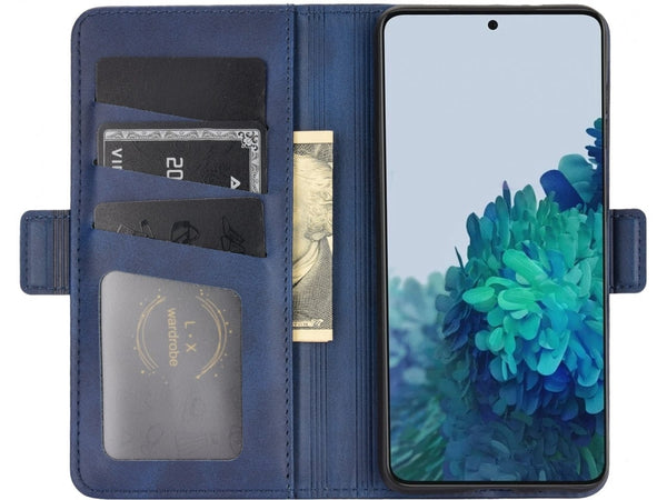 Veganes Flip Case Leder Etui Hülle mit Karten Fächer und Sichtfenster für Samsung Galaxy S21+ in dunkelblau von Screenguard