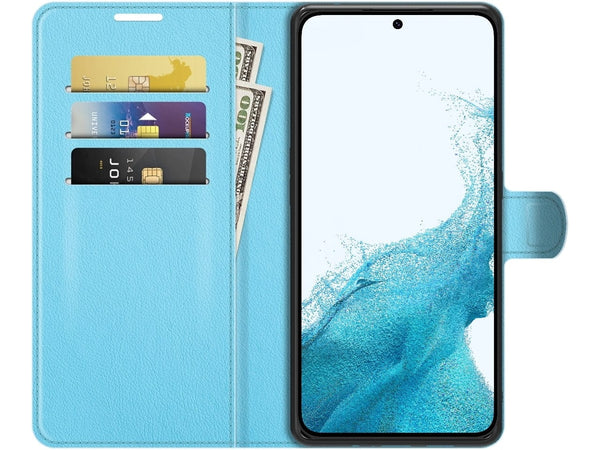 Lederhülle Portemonnaie Karten Ledertasche für Samsung Galaxy S22+ in hellblau von Screenguard