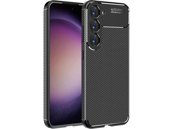 Hochwertig stabile Soft TPU Smartphone Handy Hülle im Carbon Design für Samsung Galaxy S23+ zum Schutz des Display und Gehäuse Cover in schwarz von Screenguard