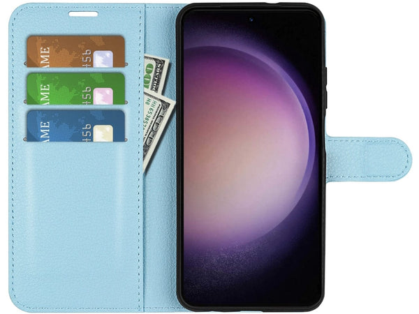 Lederhülle Portemonnaie Karten Ledertasche für Samsung Galaxy S23+ in hellblau von Screenguard
