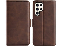 Veganes Flip Case Leder Etui Hülle mit Karten Fächer und Sichtfenster für Samsung Galaxy S23 Ultra in mokka von Screenguard