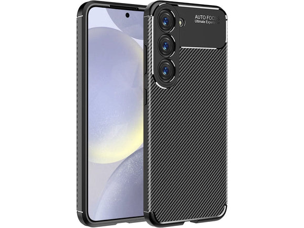 Hochwertig stabile Soft TPU Smartphone Handy Hülle im Carbon Design für Samsung Galaxy S24+ zum Schutz des Display und Gehäuse Cover in schwarz von Screenguard