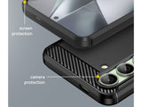 Flexible Handy Schutzhülle mit gebürster Carbon Textur auf der Rückseite für zum Schutz des Samsung Galaxy S24 FE  Display und Gehäuse Case in schwarz von Screenguard