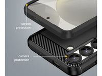 Flexible Handy Schutzhülle mit gebürster Carbon Textur auf der Rückseite für zum Schutz des Samsung Galaxy S25+  Display und Gehäuse Case in schwarz von Screenguard