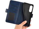 Veganes Flip Case Leder Etui Hülle mit Karten Fächer und Sichtfenster für Samsung Galaxy S25 Edge in dunkelblau von Screenguard