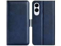 Veganes Flip Case Leder Etui Hülle mit Karten Fächer und Sichtfenster für Samsung Galaxy S25 Edge in dunkelblau von Screenguard