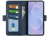 Veganes Flip Case Leder Etui Hülle mit Karten Fächer und Sichtfenster für Samsung Galaxy S25 Edge in dunkelblau von Screenguard