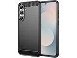Flexible Handy Schutzhülle mit gebürster Carbon Textur auf der Rückseite für zum Schutz des Samsung Galaxy S25 FE  Display und Gehäuse Case in schwarz von Screenguard