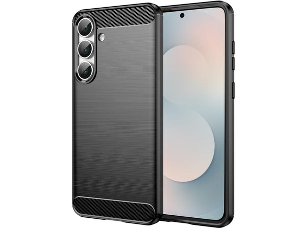 Flexible Handy Schutzhülle mit gebürster Carbon Textur auf der Rückseite für zum Schutz des Samsung Galaxy S25 FE  Display und Gehäuse Case in schwarz von Screenguard