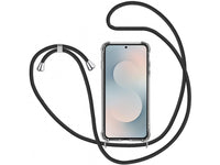 Necklace Handy Hülle mit Kordel Kette schwarz zum Tragen des Samsung Galaxy S25 FE am Körper wie Handtasche Lanyard, stabil mit erhöhten Rändern und Kanten in transparent von Screenguard