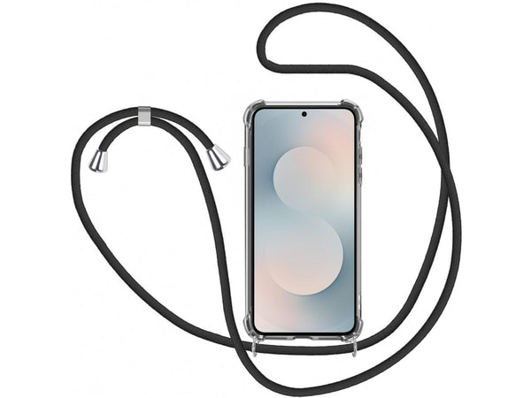 Necklace Handy Hülle mit Kordel Kette schwarz zum Tragen des Samsung Galaxy S25 FE am Körper wie Handtasche Lanyard, stabil mit erhöhten Rändern und Kanten in transparent von Screenguard