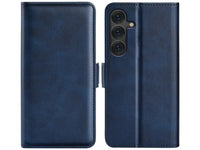 Veganes Flip Case Leder Etui Hülle mit Karten Fächer und Sichtfenster für Samsung Galaxy S25 in dunkelblau von Screenguard