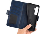 Veganes Flip Case Leder Etui Hülle mit Karten Fächer und Sichtfenster für Samsung Galaxy S25+ in dunkelblau von Screenguard