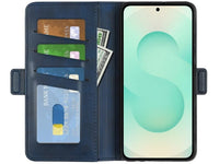 Veganes Flip Case Leder Etui Hülle mit Karten Fächer und Sichtfenster für Samsung Galaxy S25+ in dunkelblau von Screenguard