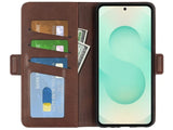 Veganes Flip Case Leder Etui Hülle mit Karten Fächer und Sichtfenster für Samsung Galaxy S25+ in mokka von Screenguard