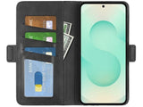 Veganes Flip Case Leder Etui Hülle mit Karten Fächer und Sichtfenster für Samsung Galaxy S25+ in schwarz von Screenguard
