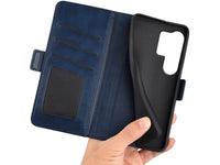 Veganes Flip Case Leder Etui Hülle mit Karten Fächer und Sichtfenster für Samsung Galaxy S25 Ultra in dunkelblau von Screenguard