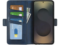 Veganes Flip Case Leder Etui Hülle mit Karten Fächer und Sichtfenster für Samsung Galaxy S25 Ultra in dunkelblau von Screenguard