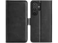 Veganes Flip Case Leder Etui Hülle mit Karten Fächer und Sichtfenster für Samsung Galaxy S25 Ultra in schwarz von Screenguard