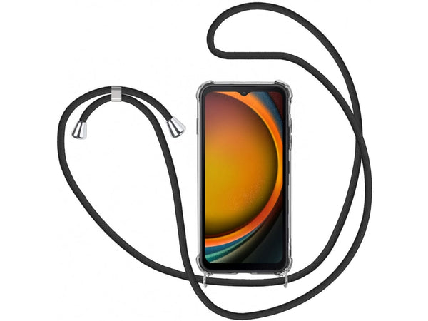 Necklace Handy Hülle mit Kordel Kette schwarz zum Tragen des Samsung Galaxy XCover7 am Körper wie Handtasche Lanyard, stabil mit erhöhten Rändern und Kanten in transparent von Screenguard