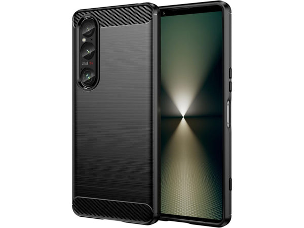 Flexible Handy Schutzhülle mit gebürster Carbon Textur auf der Rückseite für zum Schutz des Sony Xperia 1 VI  Display und Gehäuse Case in schwarz von Screenguard