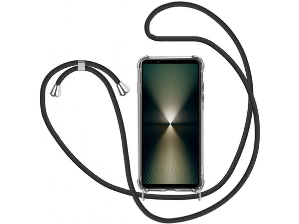 Necklace Handy Hülle mit Kordel Kette schwarz zum Tragen des Sony Xperia 1 VI am Körper wie Handtasche Lanyard, stabil mit erhöhten Rändern und Kanten in transparent von Screenguard