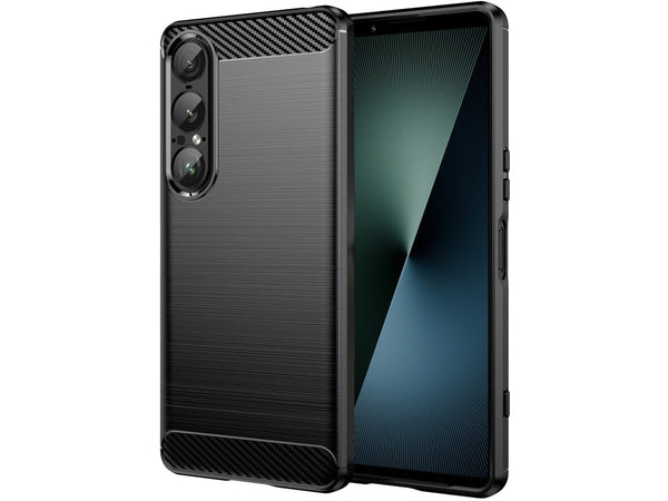 Flexible Handy Schutzhülle mit gebürster Carbon Textur auf der Rückseite für zum Schutz des Sony Xperia 1 VII  Display und Gehäuse Case in schwarz von Screenguard