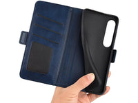 Veganes Flip Case Leder Etui Hülle mit Karten Fächer und Sichtfenster für Sony Xperia 1 VII in dunkelblau von Screenguard