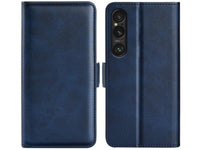 Veganes Flip Case Leder Etui Hülle mit Karten Fächer und Sichtfenster für Sony Xperia 1 VII in dunkelblau von Screenguard