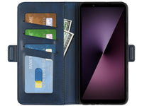 Veganes Flip Case Leder Etui Hülle mit Karten Fächer und Sichtfenster für Sony Xperia 1 VII in dunkelblau von Screenguard