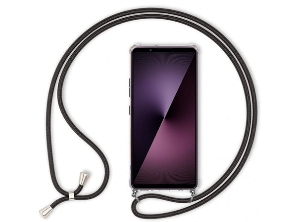 Necklace Handy Hülle mit Kordel Kette schwarz zum Tragen des Sony Xperia 1 VII am Körper wie Handtasche Lanyard, stabil mit erhöhten Rändern und Kanten in transparent von Screenguard