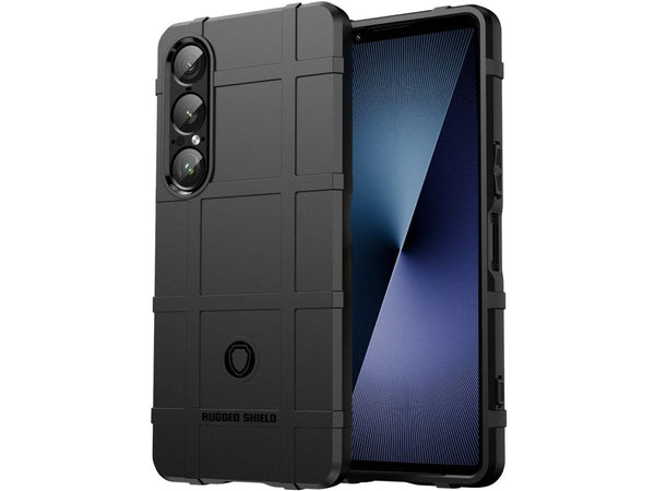 Widerstandsfähige, stabile Outdoor Sport Hülle für das Sony Xperia 1 VII für Handwerker, Baustelle, Business, äusserst stabil mit erhöhten Rändern und Kanten in schwarz von Screenguard
