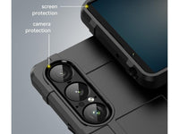 Widerstandsfähige, stabile Outdoor Sport Hülle für das Sony Xperia 1 VII für Handwerker, Baustelle, Business, äusserst stabil mit erhöhten Rändern und Kanten in schwarz von Screenguard