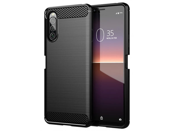 Flexible Handy Schutzhülle mit gebürster Carbon Textur auf der Rückseite für zum Schutz des Sony Xperia 10 II  Display und Gehäuse Case in schwarz von Screenguard