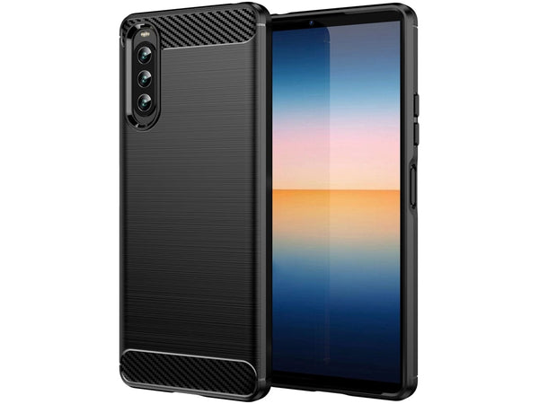 Flexible Handy Schutzhülle mit gebürster Carbon Textur auf der Rückseite für zum Schutz des Sony Xperia 10 IV  Display und Gehäuse Case in schwarz von Screenguard