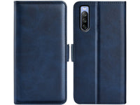 Veganes Flip Case Leder Etui Hülle mit Karten Fächer und Sichtfenster für Sony Xperia 10 IV in dunkelblau von Screenguard