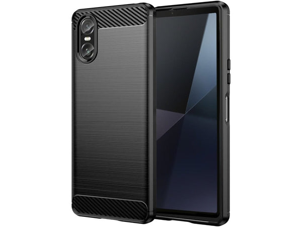 Flexible Handy Schutzhülle mit gebürster Carbon Textur auf der Rückseite für zum Schutz des Sony Xperia 10 VI  Display und Gehäuse Case in schwarz von Screenguard