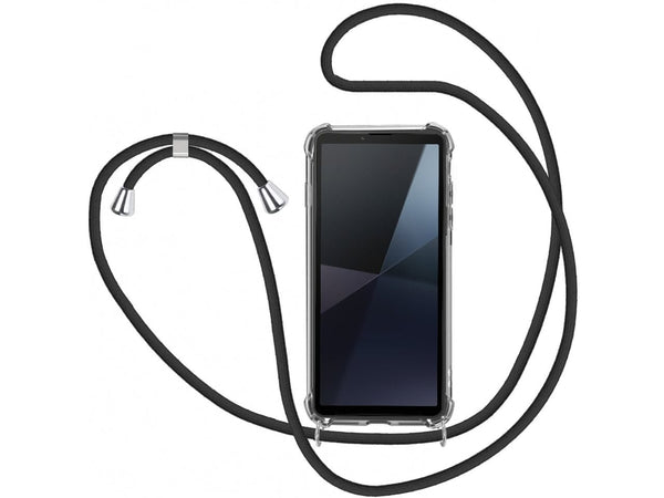 Necklace Handy Hülle mit Kordel Kette schwarz zum Tragen des Sony Xperia 10 VI am Körper wie Handtasche Lanyard, stabil mit erhöhten Rändern und Kanten in transparent von Screenguard