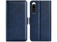 Veganes Flip Case Leder Etui Hülle mit Karten Fächer und Sichtfenster für Sony Xperia 5 IV in dunkelblau von Screenguard