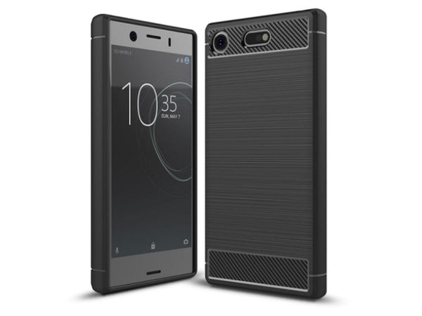 Flexible Handy Schutzhülle mit gebürster Carbon Textur auf der Rückseite für zum Schutz des Sony Xperia XZ1 Compact  Display und Gehäuse Case in schwarz von Screenguard