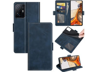 Veganes Flip Case Leder Etui Hülle mit Karten Fächer und Sichtfenster für Xiaomi 11T Pro in dunkelblau von Screenguard