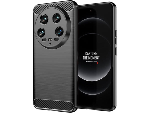 Flexible Handy Schutzhülle mit gebürster Carbon Textur auf der Rückseite für zum Schutz des Xiaomi 14 Ultra  Display und Gehäuse Case in schwarz von Screenguard