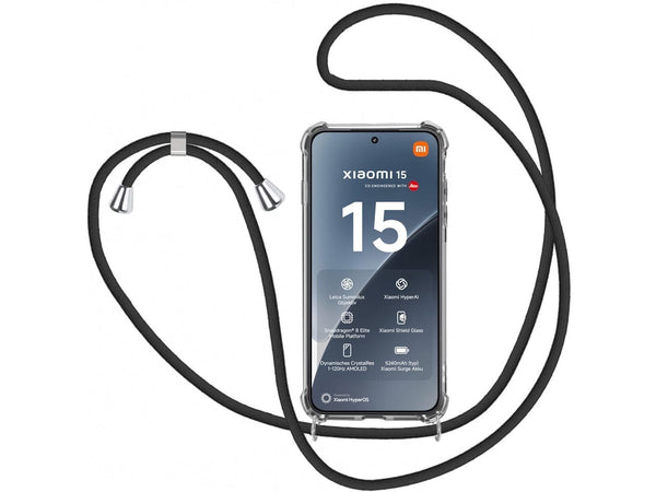 Necklace Handy Hülle mit Kordel Kette schwarz zum Tragen des Xiaomi 15 am Körper wie Handtasche Lanyard, stabil mit erhöhten Rändern und Kanten in transparent von Screenguard