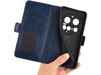 Veganes Flip Case Leder Etui Hülle mit Karten Fächer und Sichtfenster für Xiaomi 15 Ultra in dunkelblau von Screenguard