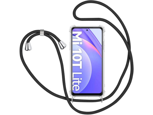 Necklace Handy Hülle mit Kordel Kette schwarz zum Tragen des Xiaomi Mi 10T Lite am Körper wie Handtasche Lanyard, stabil mit erhöhten Rändern und Kanten in transparent von Screenguard