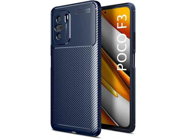 Hochwertig stabile Soft TPU Smartphone Handy Hülle im Carbon Design für Xiaomi Poco F3 zum Schutz des Display und Gehäuse Cover in blau von Screenguard
